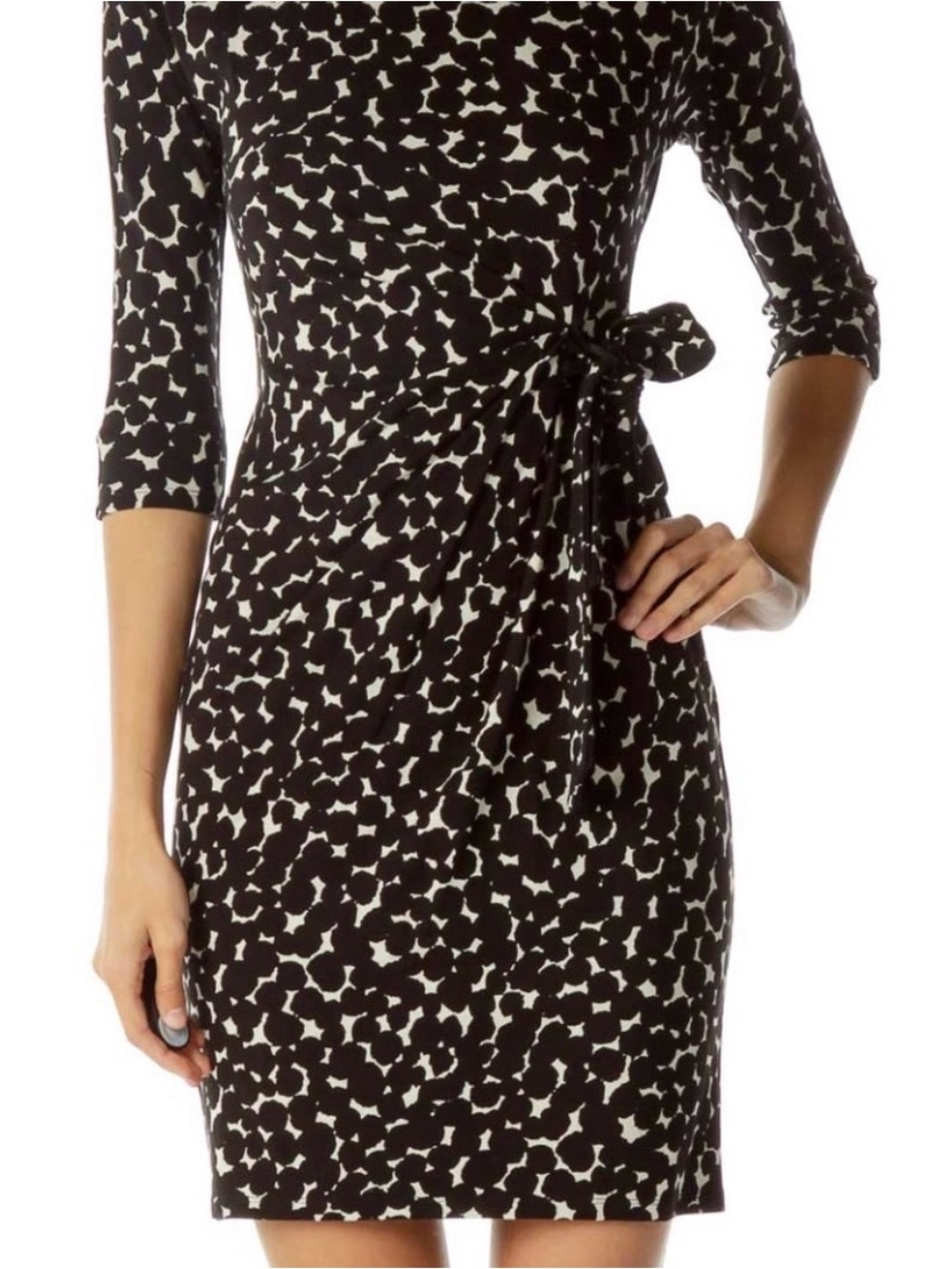 Ann Taylor Black White Faux Wrap Dress 3/4 Sleeves Geometric Quirky Medium M